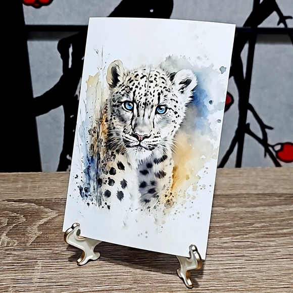 4x6 Snow Leopard Blue Eyes Portrait Watercolor Fantasy Art Oil Painting Print - Picture 5 of 5